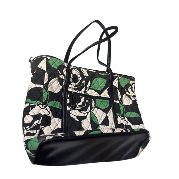Vera Bradley Quilted Tote Bag With Black Green & White Floral Pattern - Picture 4 of 5